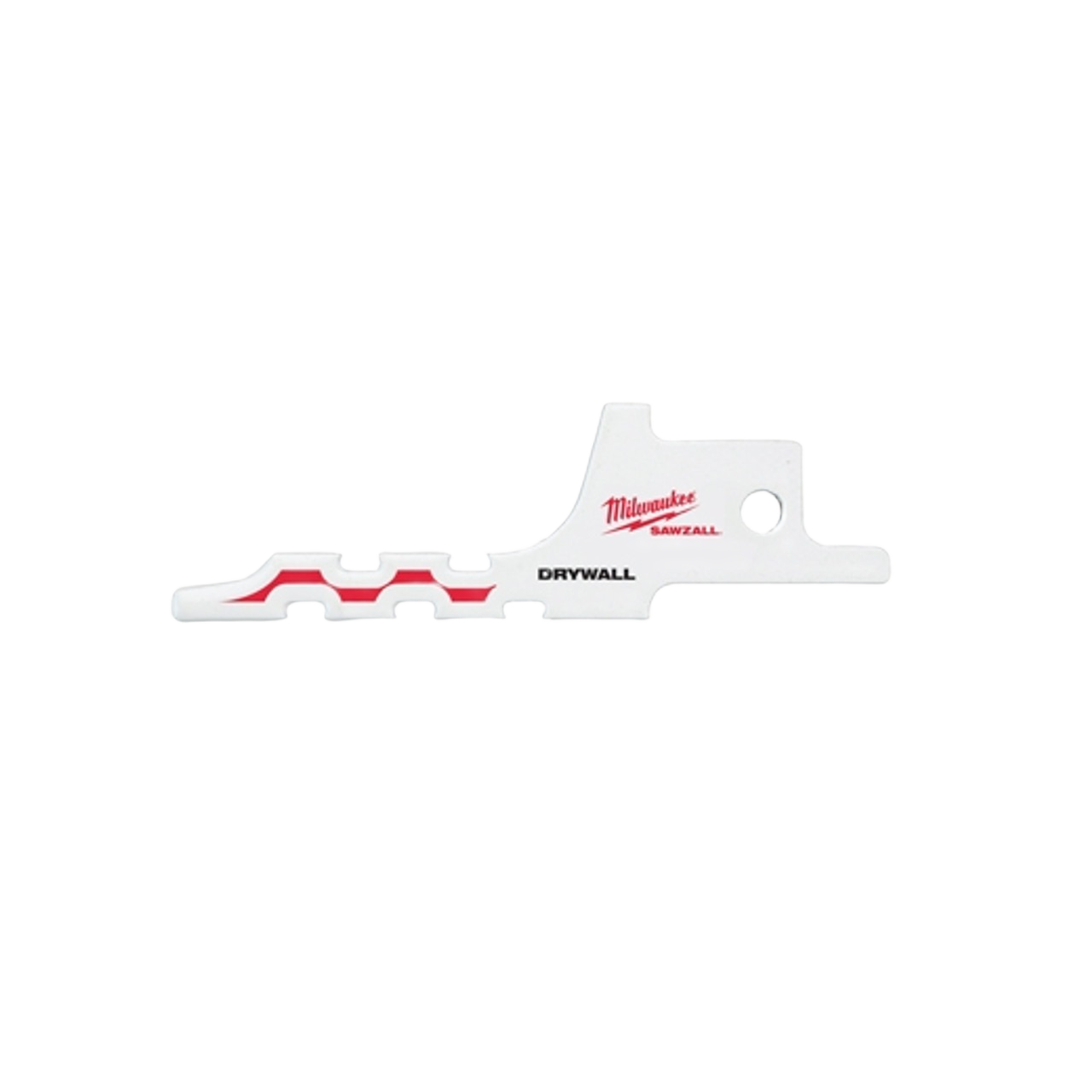 Short metal saw blade with unique tooth pattern and red accent for drywall cutting in power tool accessories collection