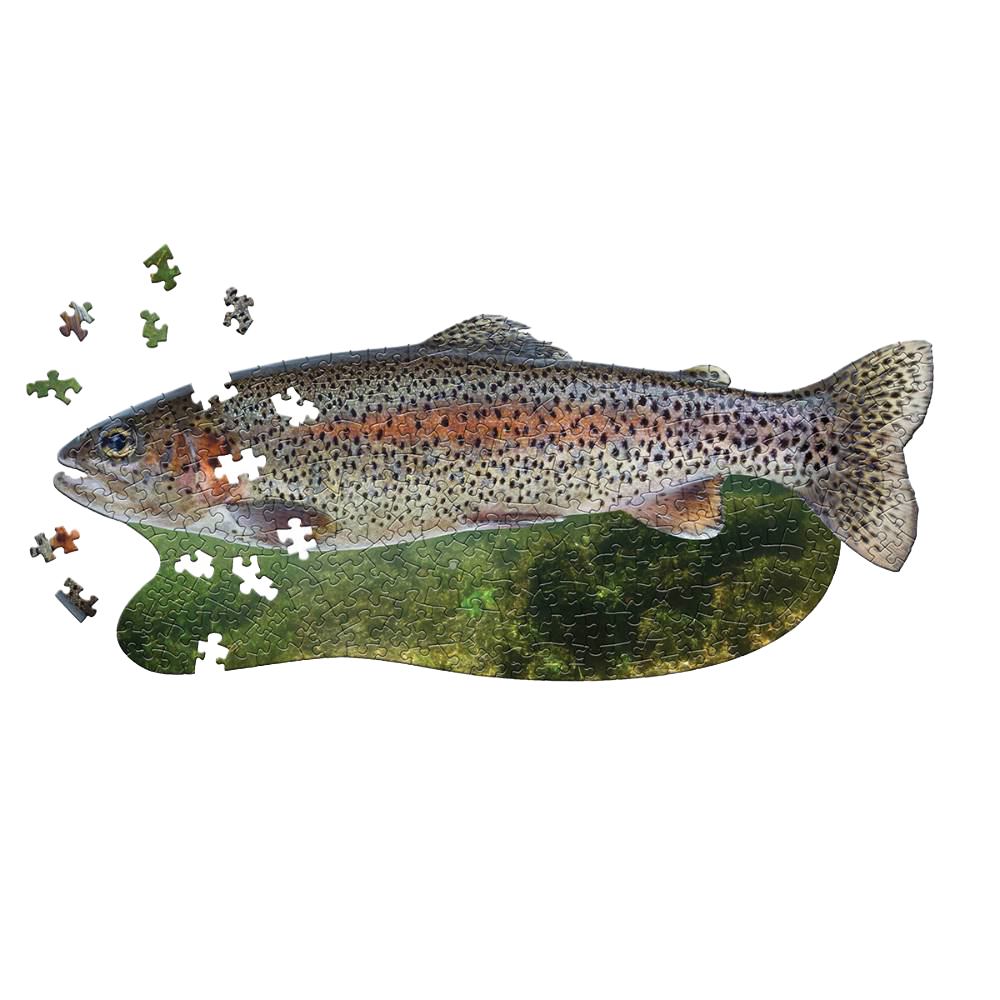 Partially completed trout-shaped jigsaw puzzle with scattered pieces for Toys & Games and Puzzles under $50 collections