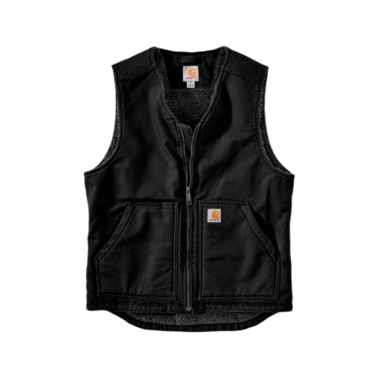 Black washed duck vest with sherpa fleece lining and front zip closure, part of Clothing & Shoes, Outerwear, Men, and Vests collections at Hartville Hardware.