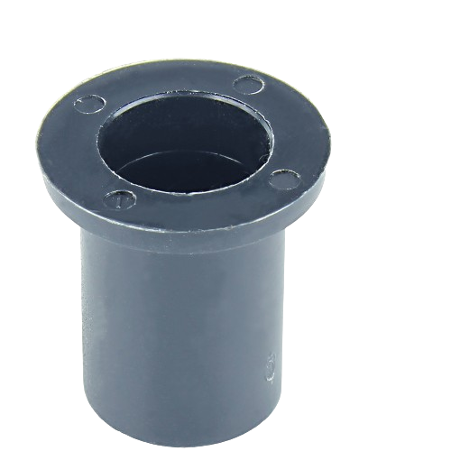 Black cylindrical bushing with flange and four indented screw holes for mechanical and tool applications