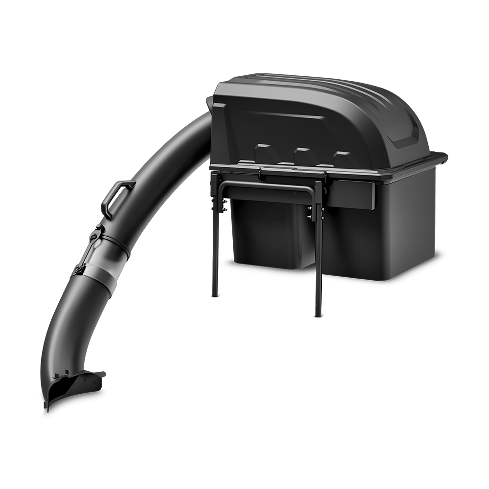 Black bagger kit with dual collection bins and curved discharge chute for EGO zero turn riding mower parts and tools