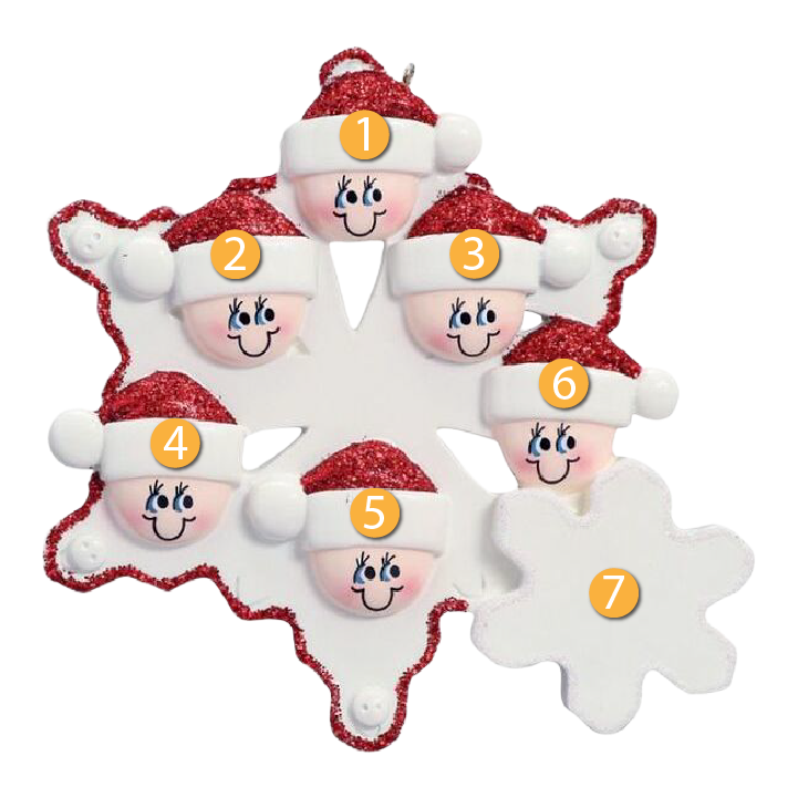 Glittery snowflake ornament featuring six smiling faces in red Santa hats for festive Christmas décor under $50