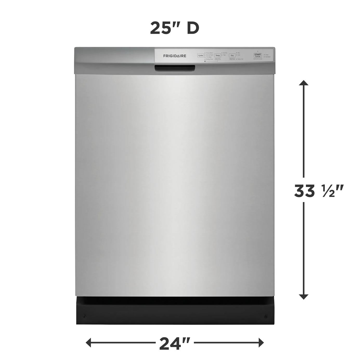 Stainless steel built-in dishwasher with top control panel and dimensions 24" wide by 33.5" high for kitchen use
