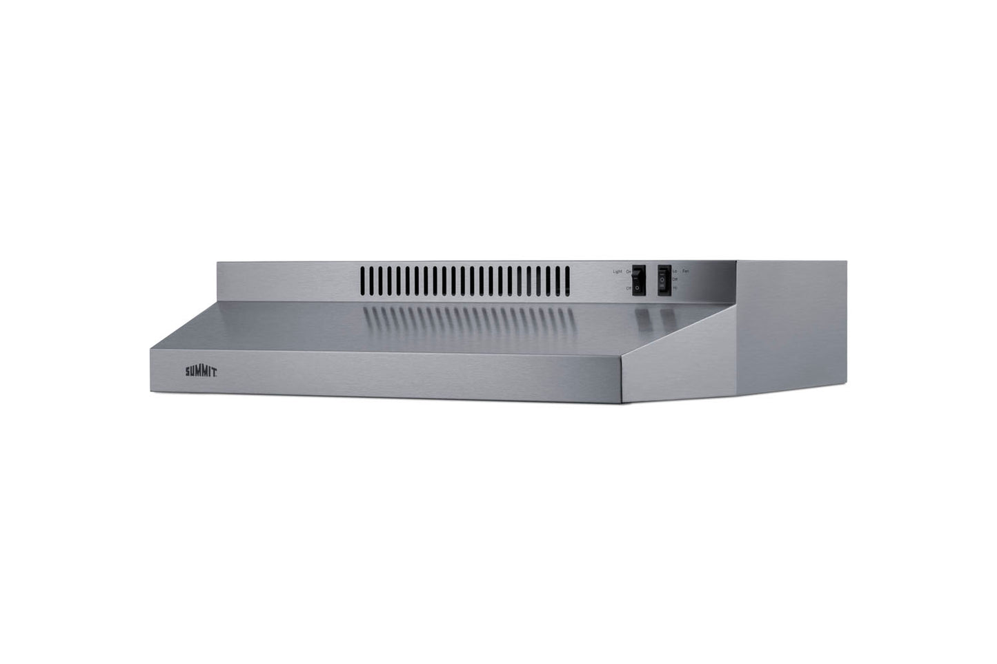 Stainless steel 24-inch under cabinet convertible range hood with vents and control switches in modern kitchen appliances collection