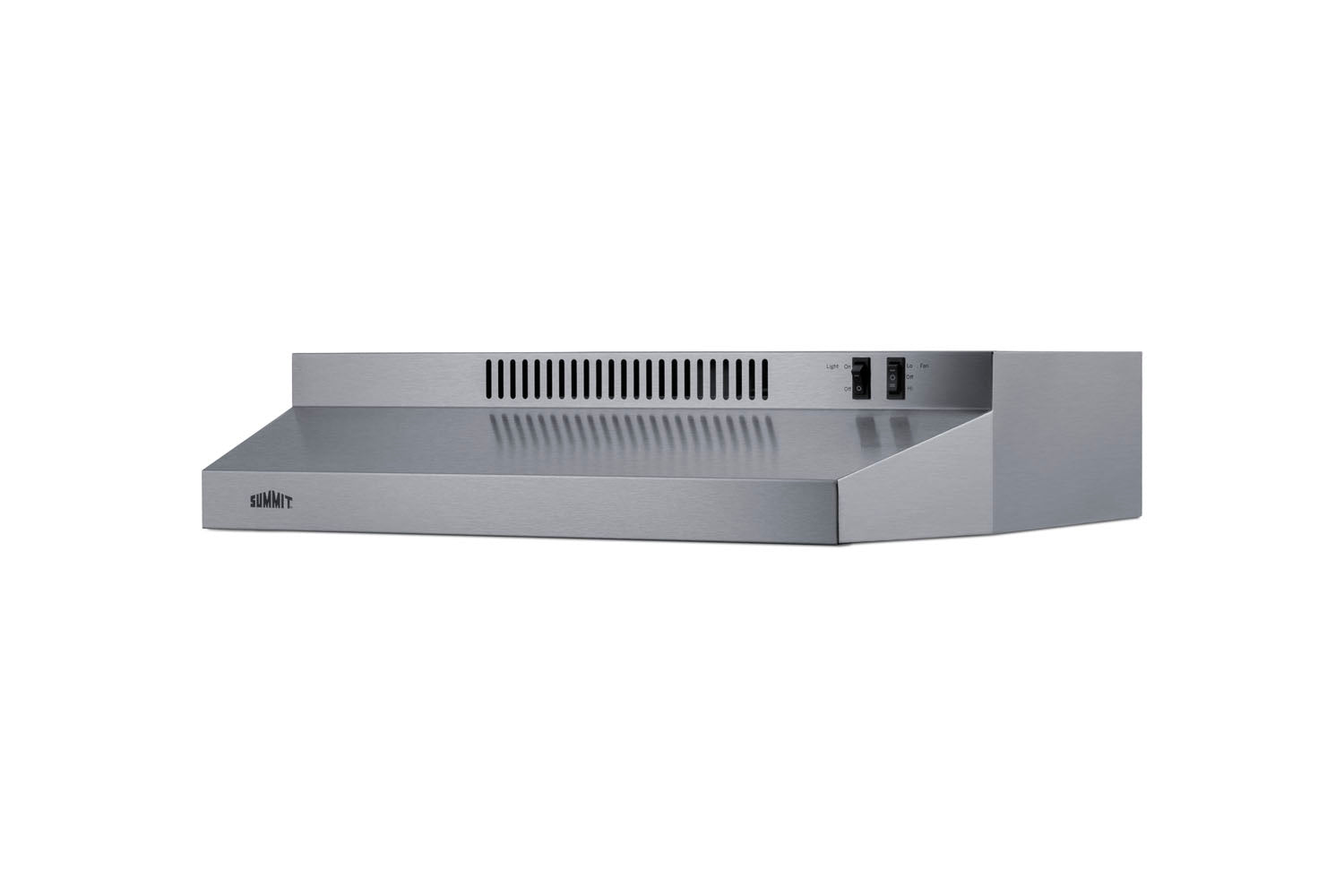 Stainless steel 24-inch under cabinet convertible range hood with vents and control switches in modern kitchen appliances collection