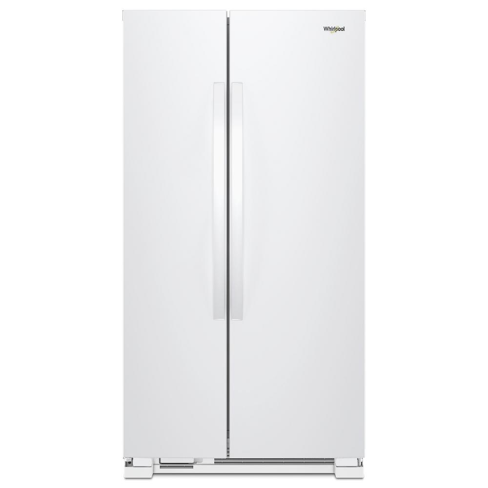 33-inch side-by-side refrigerator in white with vertical handles in kitchen appliances and home improvement collection