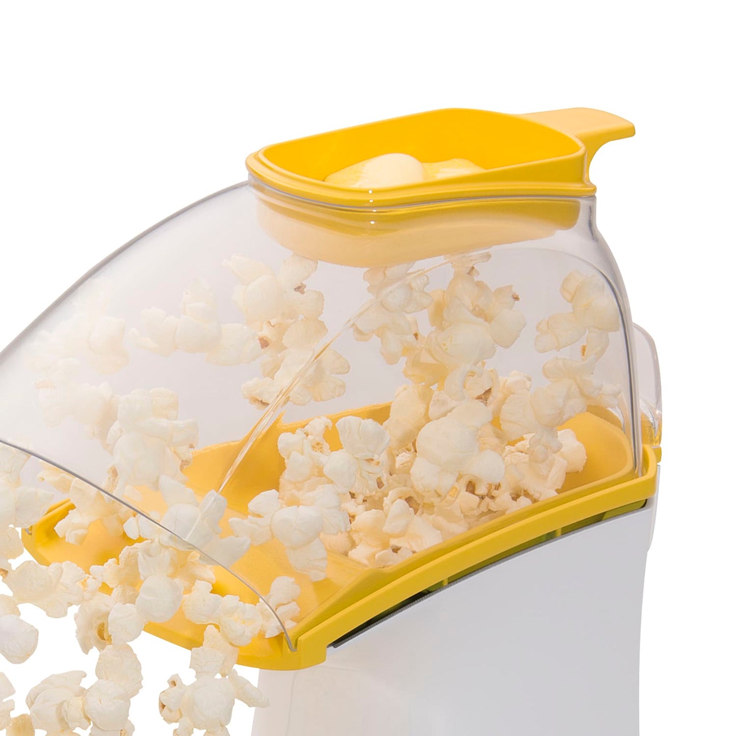 Yellow and white hot air popcorn popper ejecting fresh popcorn for quick snacks in small kitchen appliances under $50