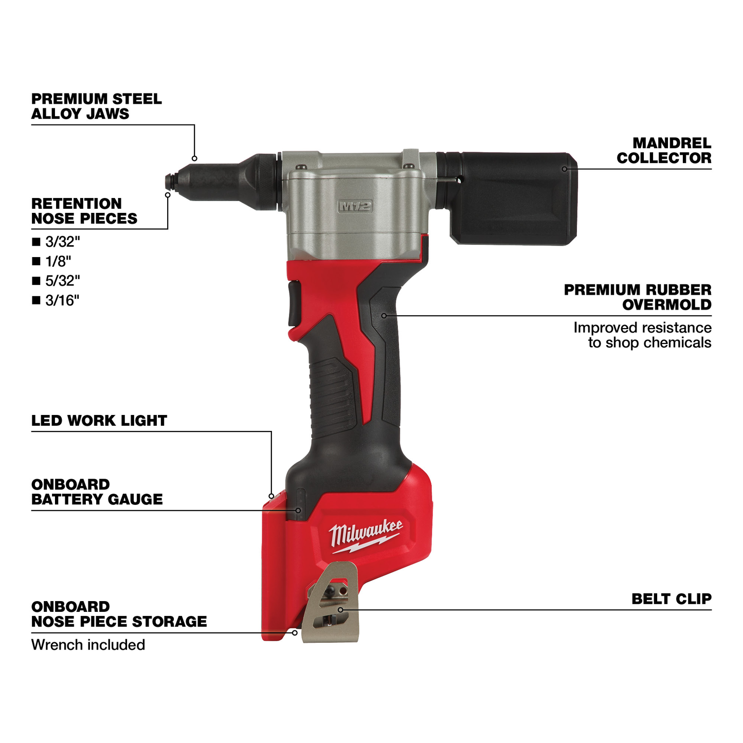 Compact red and black cordless rivet tool with premium steel jaws and LED work light for tools and home improvement tasks