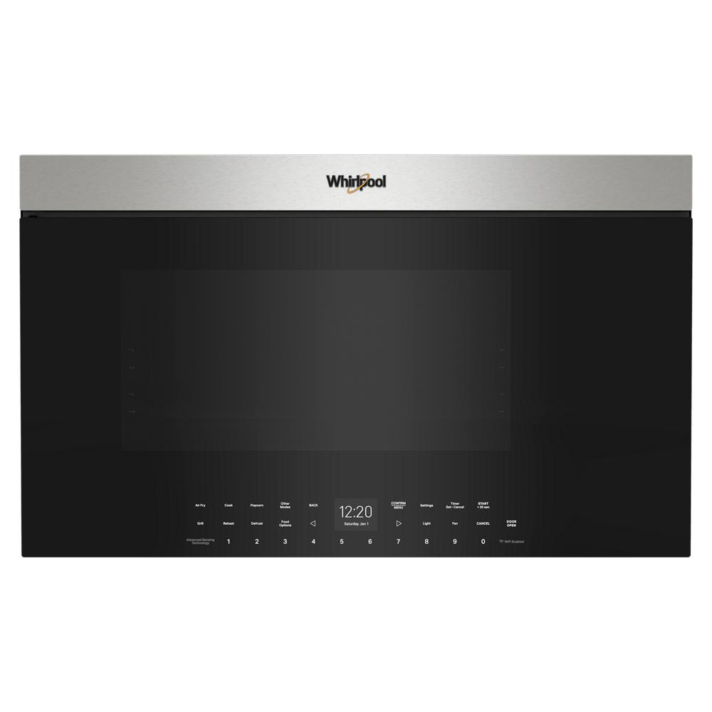 Front view of black and stainless steel over-the-range microwave with digital display in Kitchen & Kitchenware collection