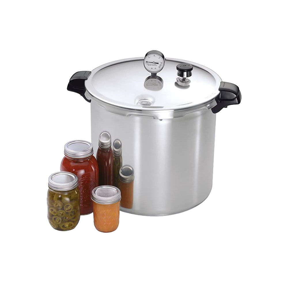 23-quart aluminum pressure cooker and canner with built-in gauge and black handles in kitchenware collections