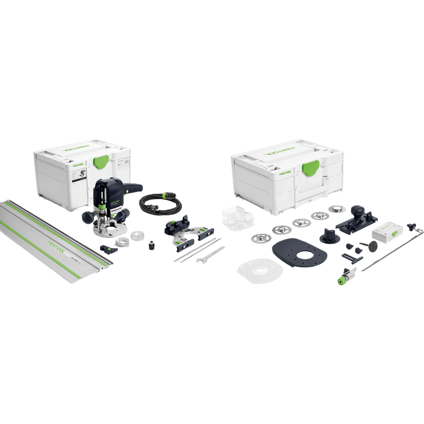 Professional-grade Festool router set with multiple accessories and storage boxes for woodworking tools collection.