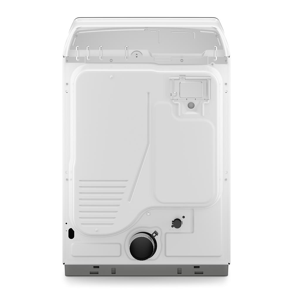 Rear view of a white top load gas dryer showcasing vent and connection ports in Dryers and Appliances collections