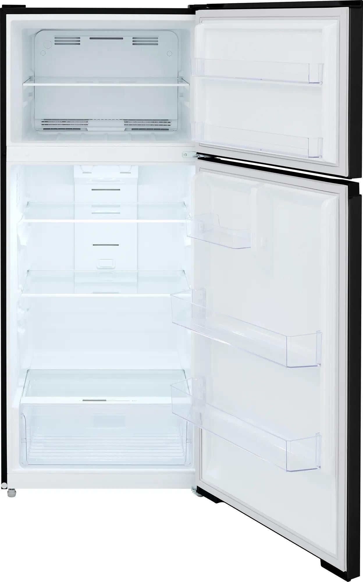 Black top freezer refrigerator with bright LED interior, adjustable glass shelves, and spacious door bins in Appliances collections