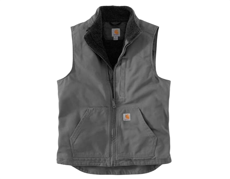 Men’s durable washed duck vest with a mock neck and Sherpa lining for warmth, featuring multiple pockets and a front zipper, part of Outerwear, Men, and Vests collections at Hartville Hardware.