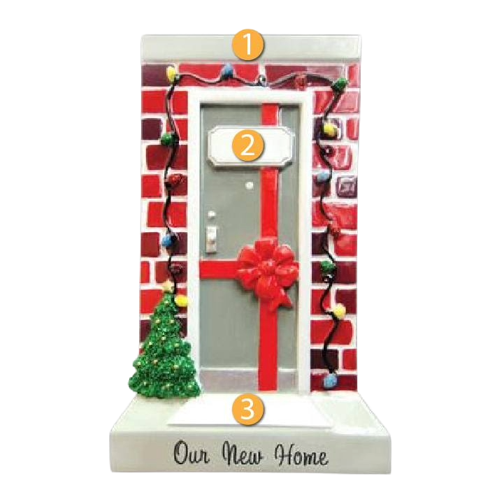 Christmas ornament shaped like a front door with wreath, holiday lights, and green tree in festive red brick design under $50