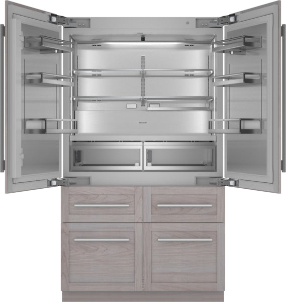 Open built-in French door refrigerator with bottom freezer and panel-ready wood exterior from Thermador appliances collection
