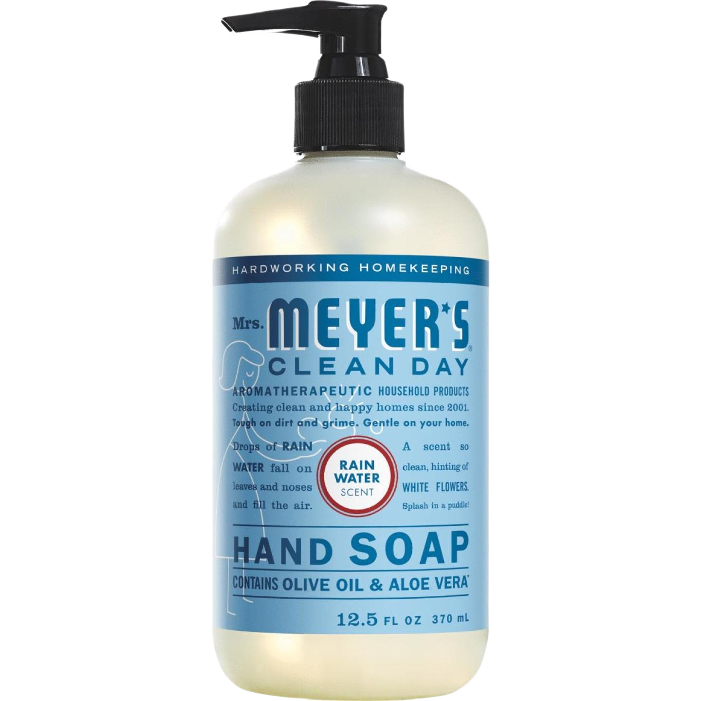 Bottle of Mrs. Meyer's liquid hand soap with rainwater scent in blue label for hand care under $50