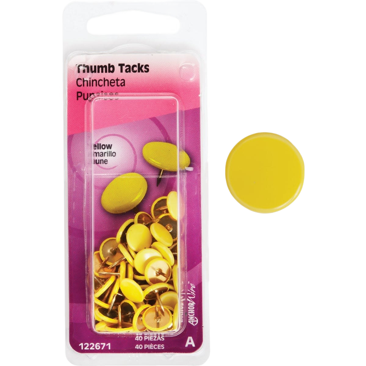 Package of 40 yellow thumb tacks with round heads and sharp points for home improvement and hardware tasks under $25