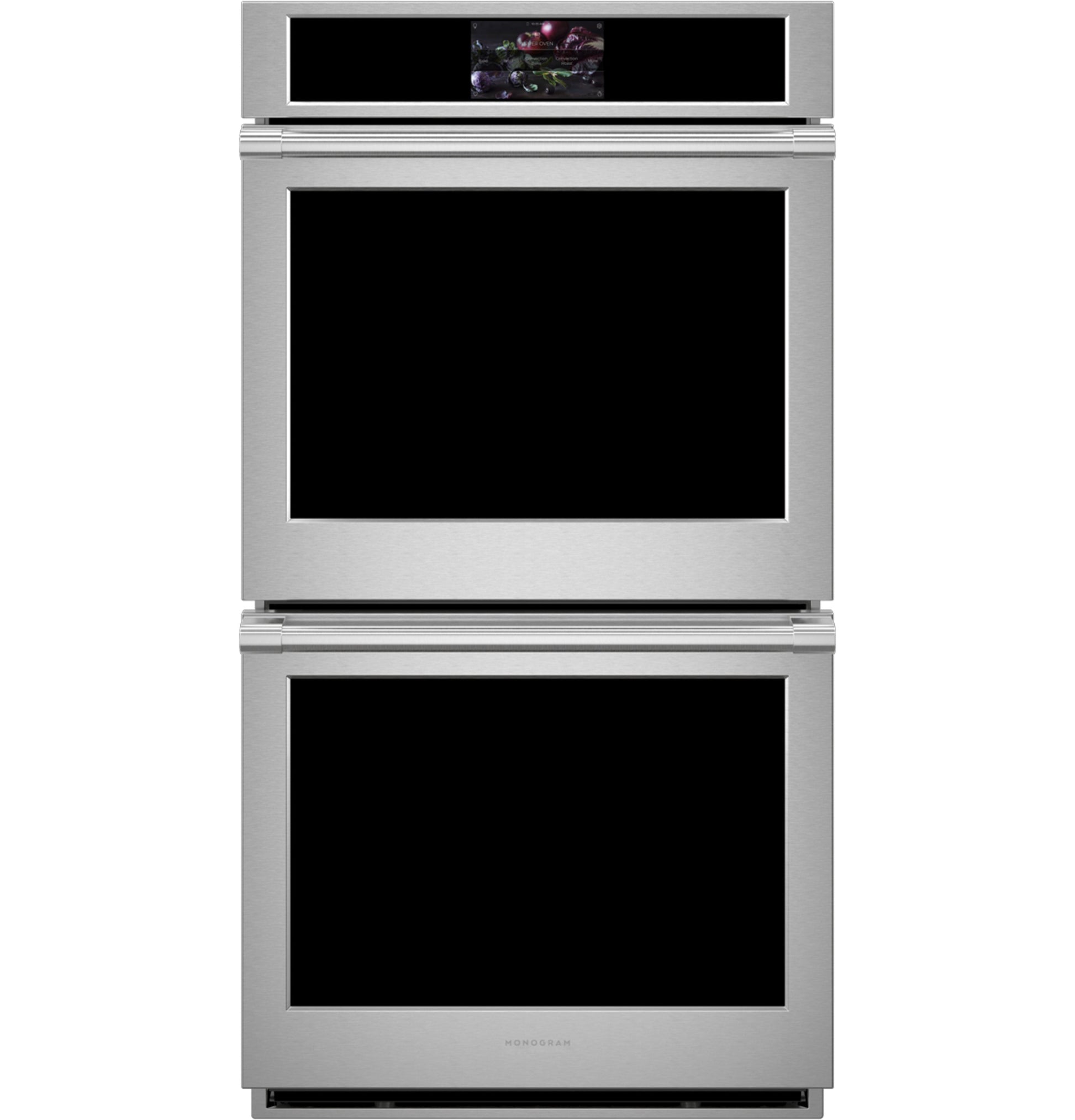 Stainless steel double wall oven with large viewing windows and digital display in Double Wall Ovens collection