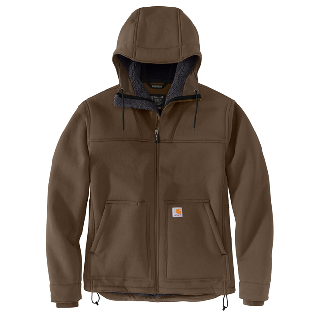 Coffee-colored sherpa-lined hooded jacket with zipper and pockets for men’s outerwear and clothing collections