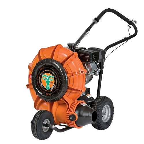 Heavy-duty orange and black leaf blower with large rear wheels, handlebar grip, and powerful engine for outdoor power and rental equipment at Hartville Hardware.