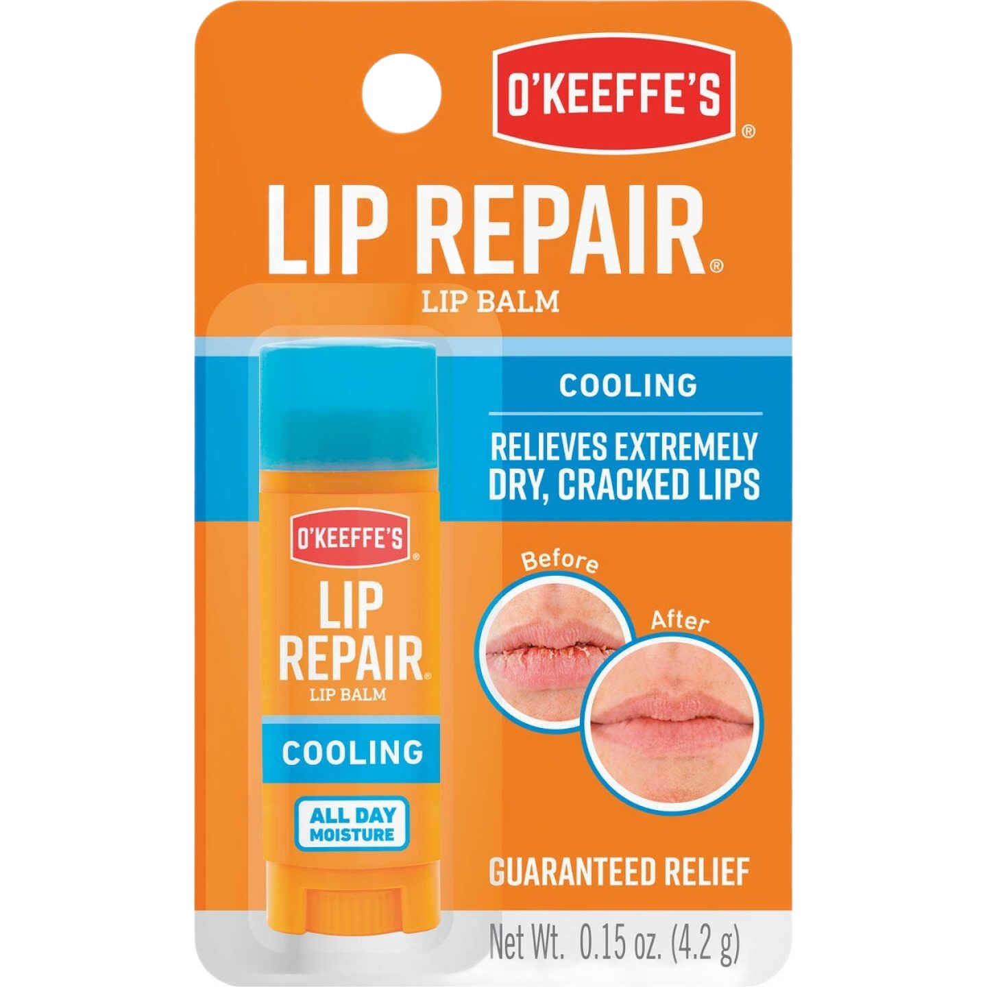 O'Keeffe's cooling lip repair balm packaging showing before and after lip healing in Health & Beauty collections