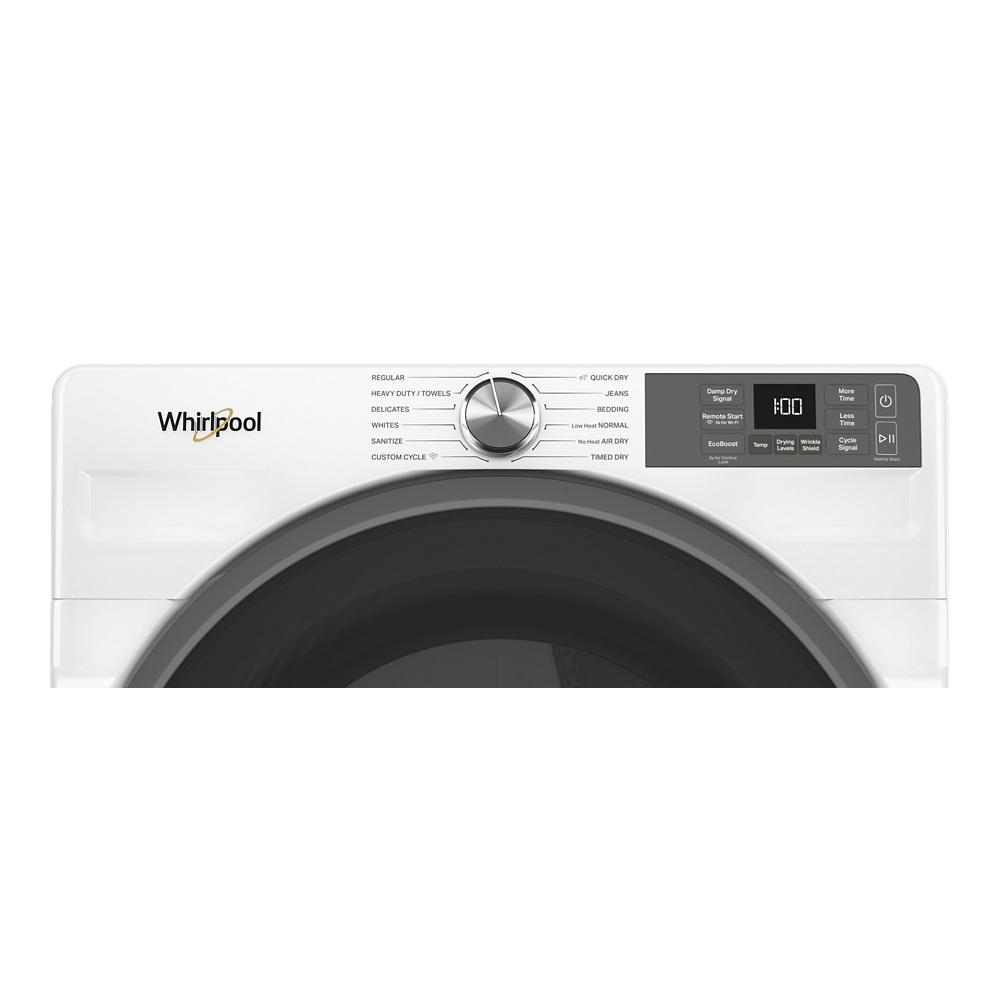 Close-up of white smart front load electric dryer control panel with digital display and cycle selector knob