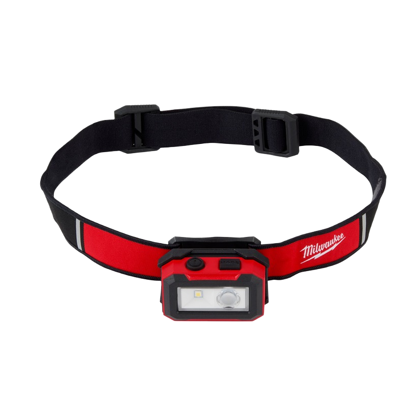 Red and black rechargeable Milwaukee magnetic headlamp with adjustable strap for hands-free home improvement lighting