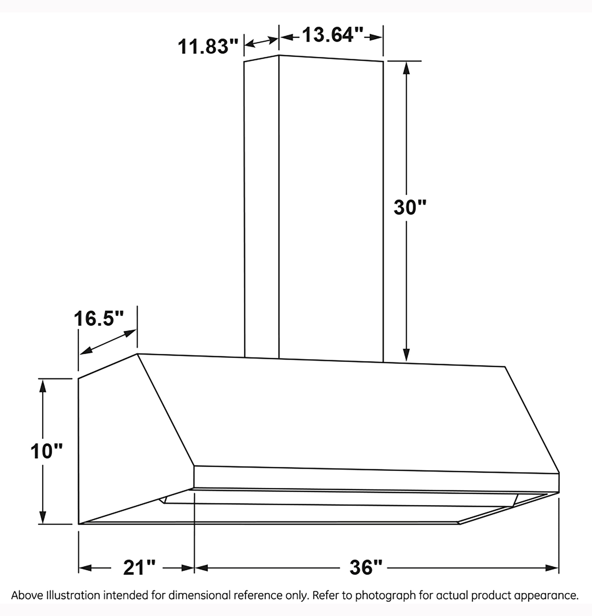 Line drawing with dimensions of a 36-inch wall mount range hood for kitchen appliances and home improvement.