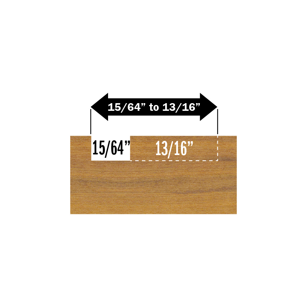 Wood piece illustration showing adjustable dado groove width from 15/64 inch to 13/16 inch for woodworking tool accessories