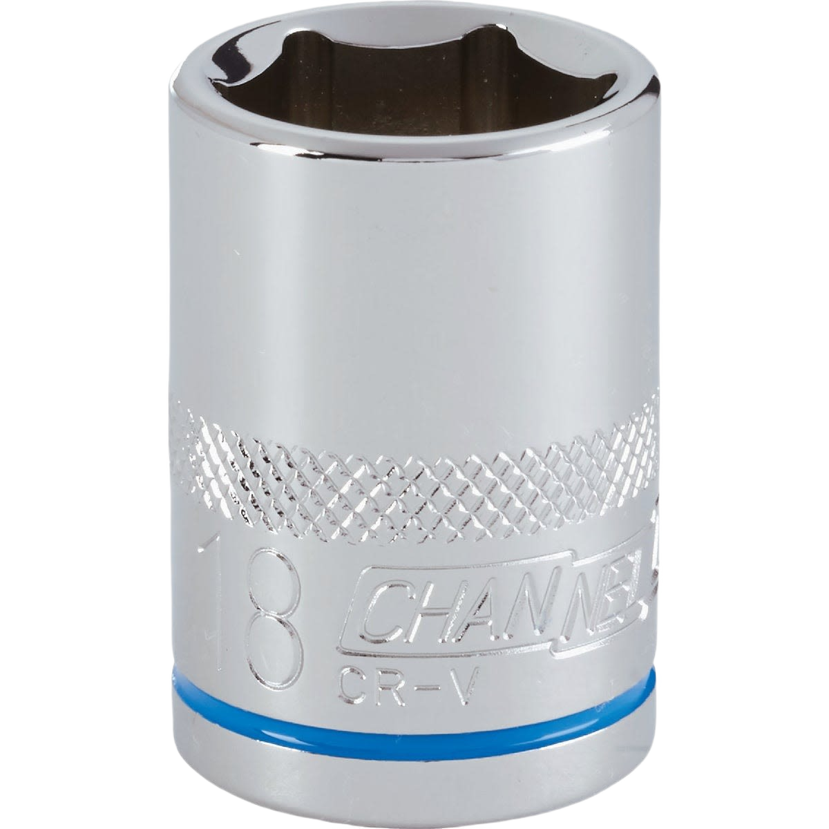 Shallow 18mm 6-point chrome socket with blue metric color band from Sockets & Ratchets hand tools collection