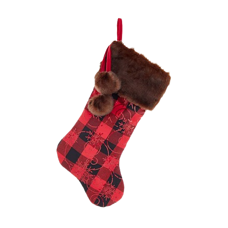 Red and black buffalo plaid stocking with brown faux fur cuff and two fluffy pom-poms for holiday decoration