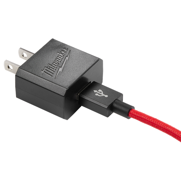 Compact black wall charger with USB-C port and red braided cable for reliable charging in tools and home improvement projects