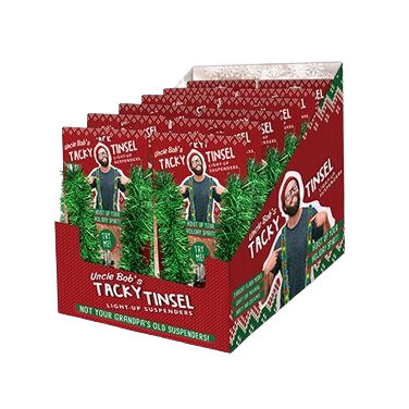 Festive green tinsel light-up suspenders in display box for Christmas and Under $50 gift collections