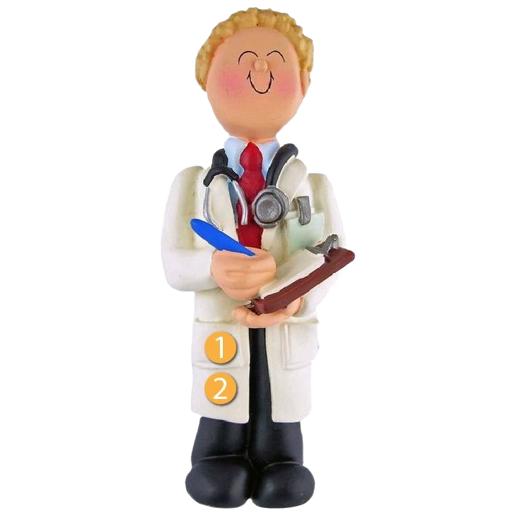 Blonde male doctor figurine holding clipboard and pen in white coat for Christmas Ornaments & Tree Decorations collection