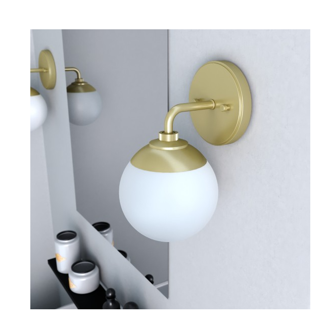 Wall-mounted painted brass sconce with frosted globe shade, ideal for bathroom and vanity lighting under $100.
