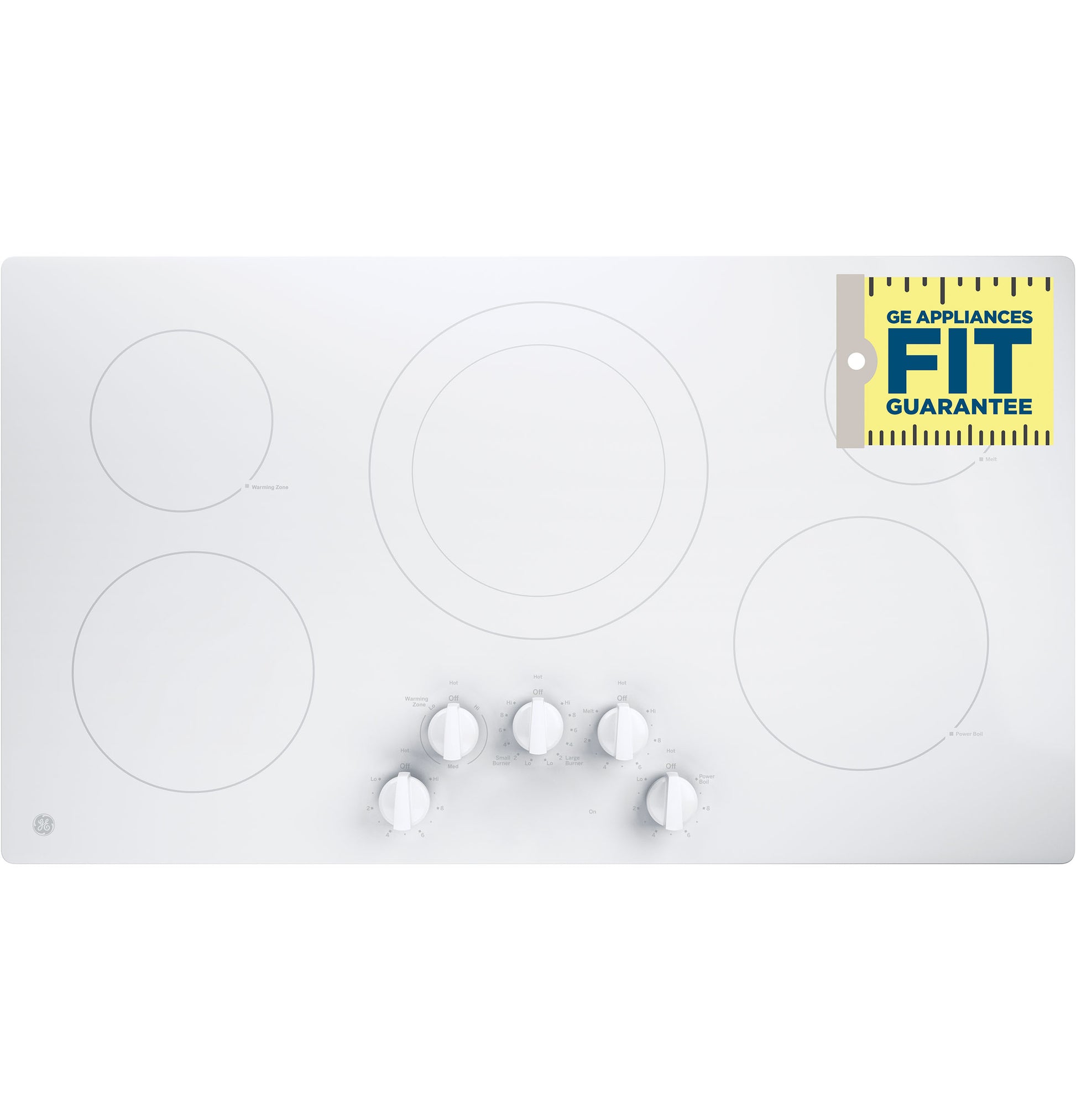 White built-in electric cooktop with five circular heating elements and six knob controls for kitchen and home improvement use