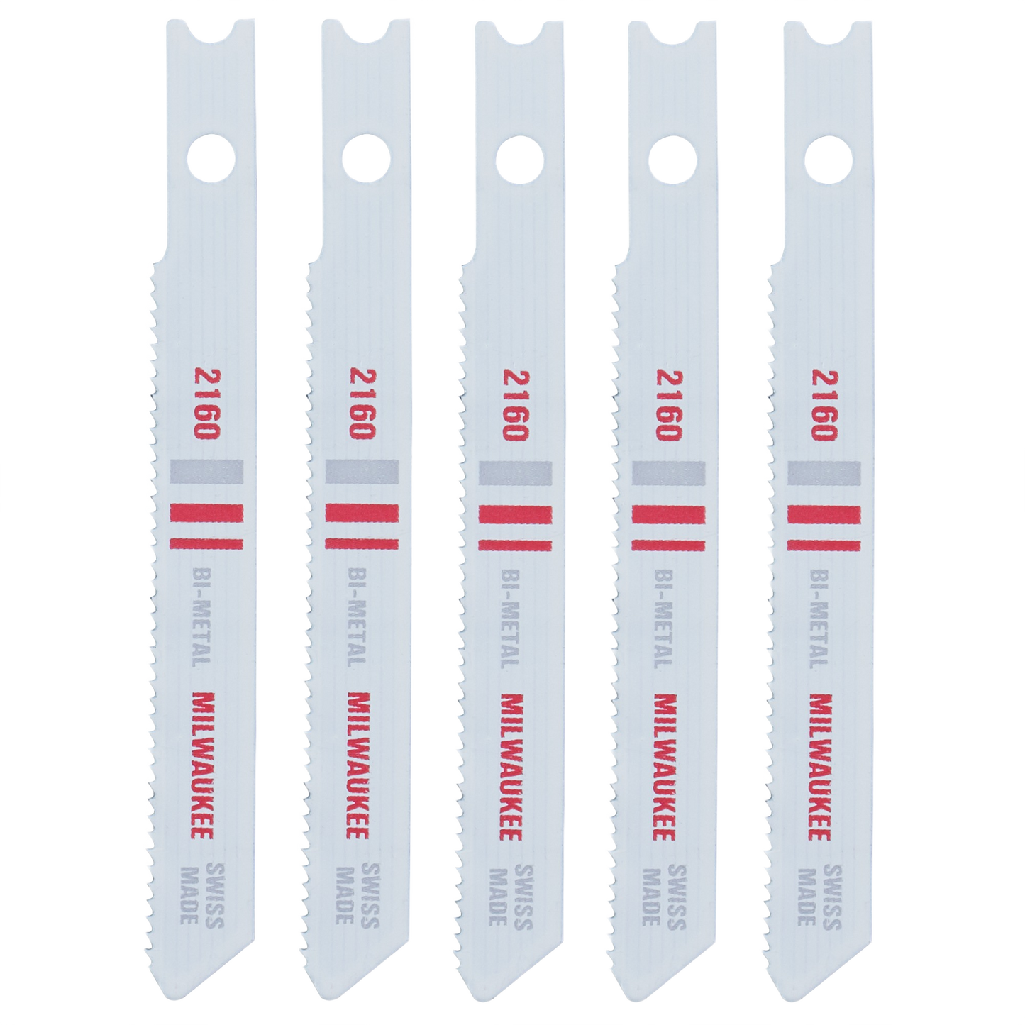 Five bi-metal jigsaw blades with U-shank design and 24 teeth per inch for metal cutting in tools and home improvement tasks