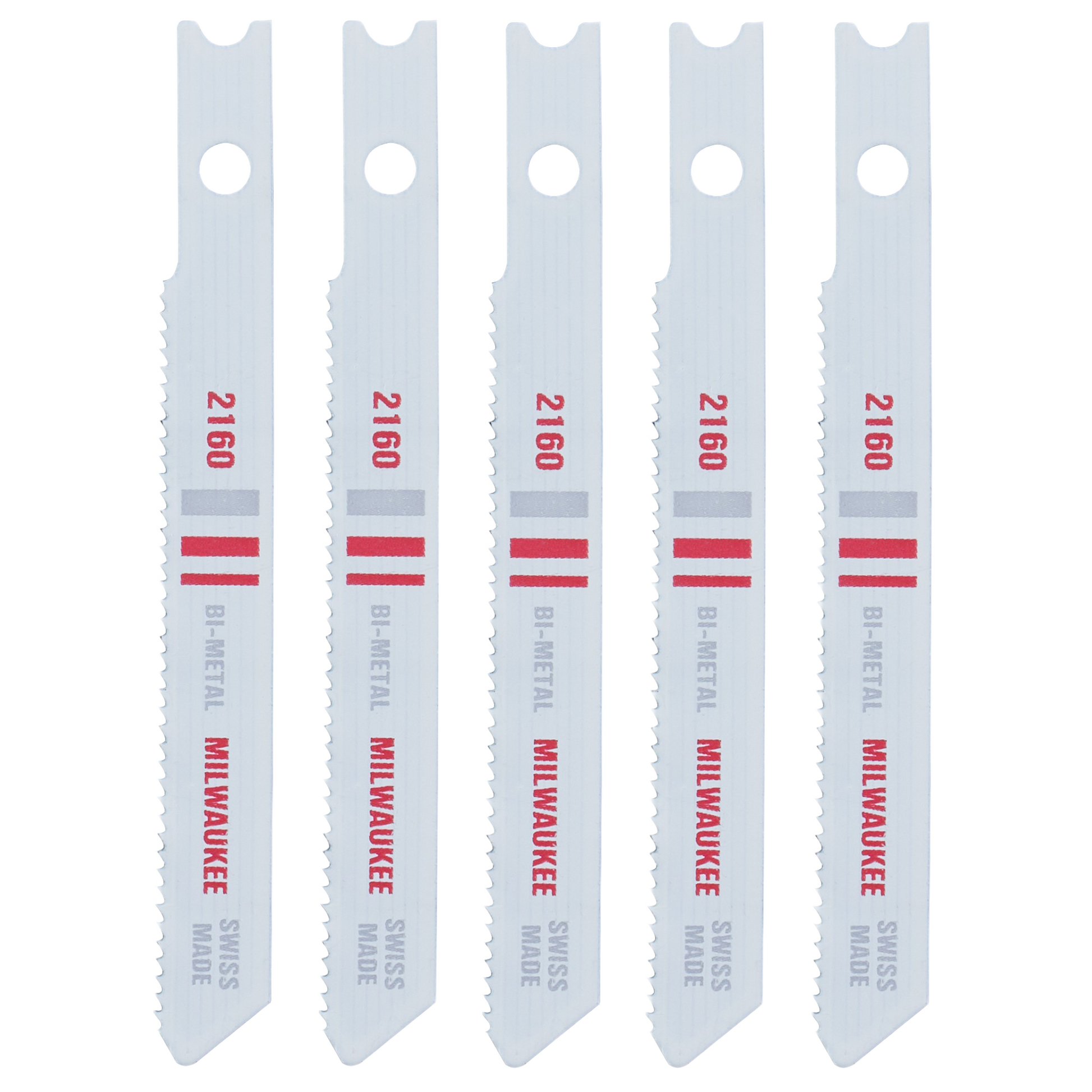 Five bi-metal jigsaw blades with U-shank design and 24 teeth per inch for metal cutting in tools and home improvement tasks