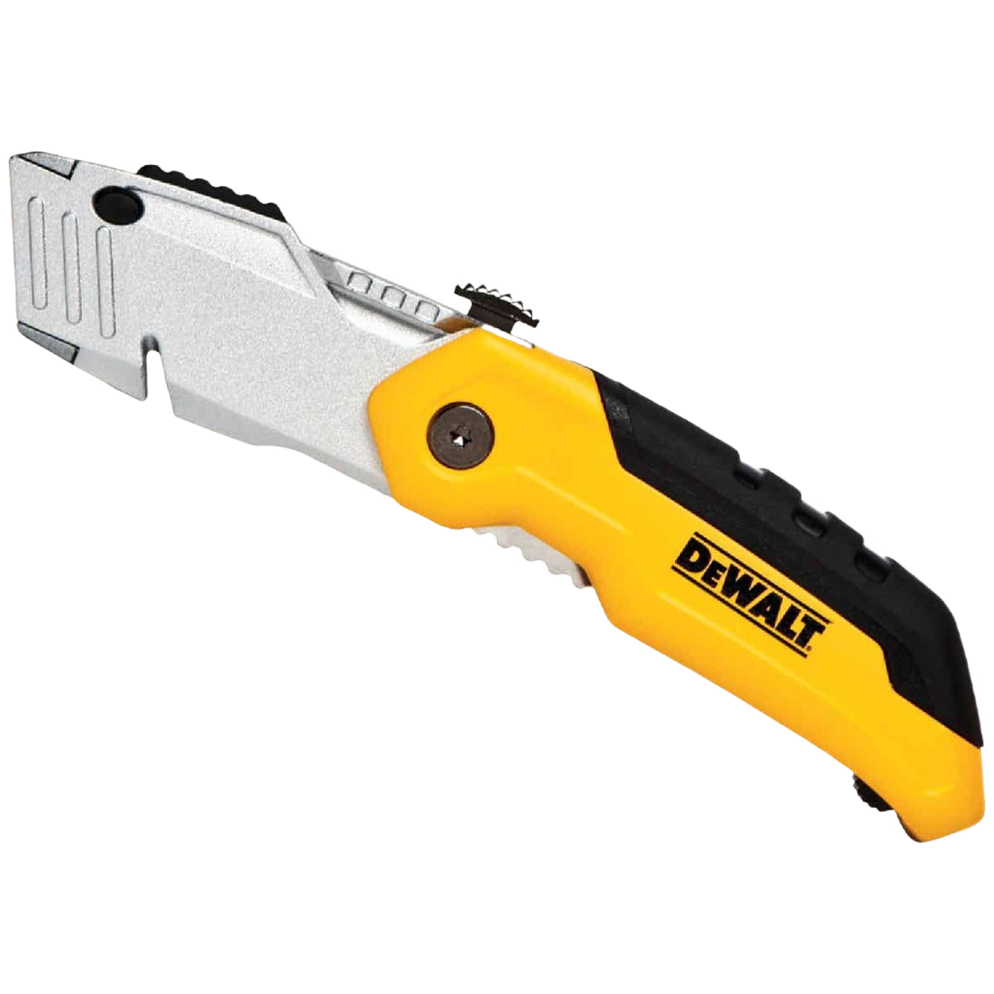 Yellow and black retractable folding utility knife for cutting tasks in woodworking and home improvement tools collections