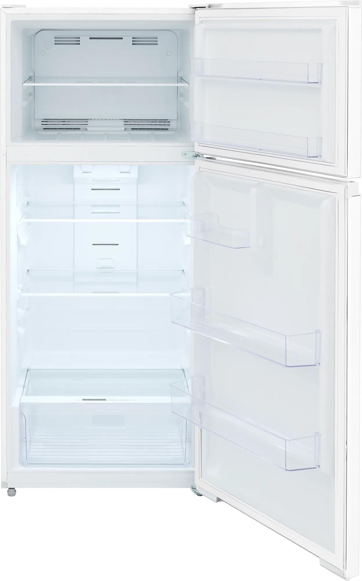 White top freezer refrigerator with spacious interior shelves and door bins for kitchen and home appliances use