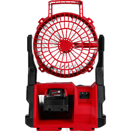 Red and black cordless brushless fan with rechargeable battery slot for portable cooling in tools and home improvement tasks