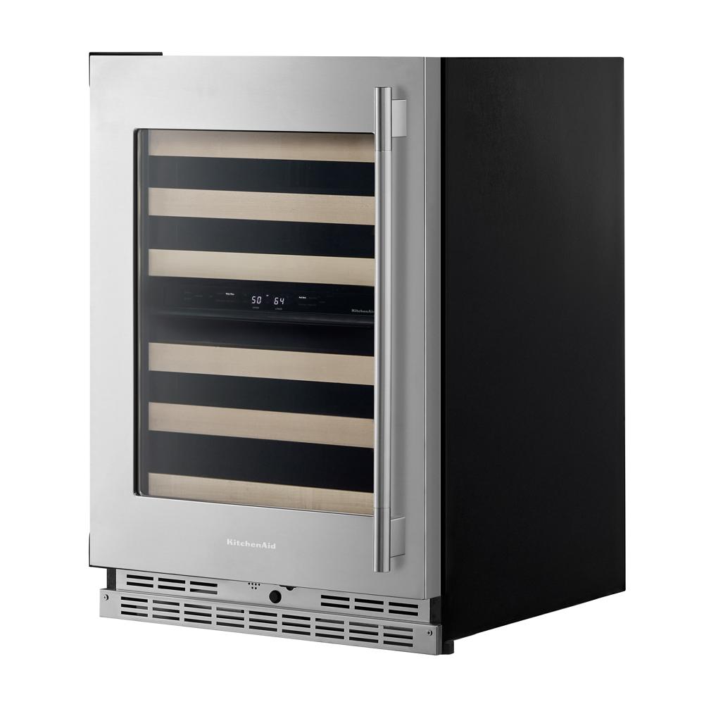 stainless steel undercounter wine cellar with full-extension wood front racks and digital temperature controls