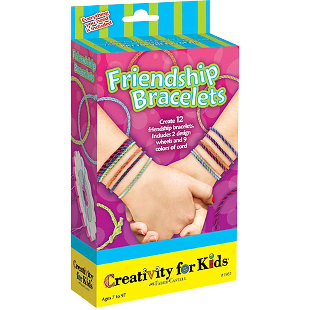 Box packaging for a friendship bracelets kit showing colorful braided bracelets on two joined hands against a pink background