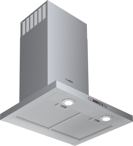 stainless steel wall mounted range hood with pyramid chimney design and LED lights in kitchen appliances collection