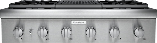 Stainless steel 36-inch gas rangetop with six control knobs and integrated cast iron griddle from Cooktops collection