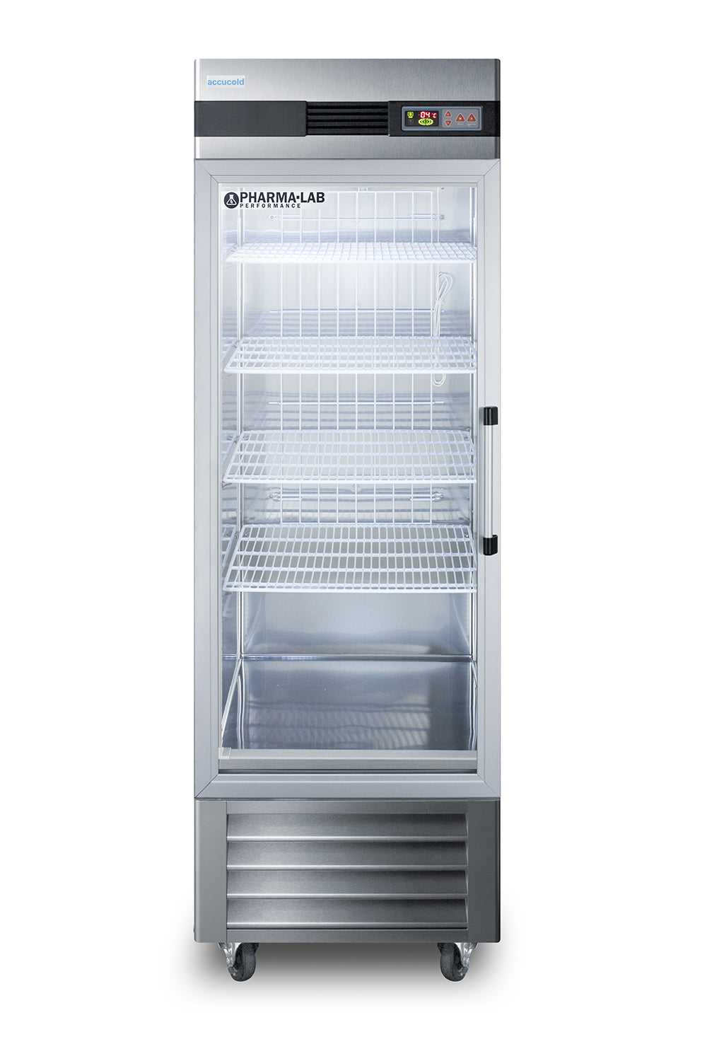 Upright pharmacy refrigerator with clear glass door, digital control panel, and adjustable wire shelves in appliances collection