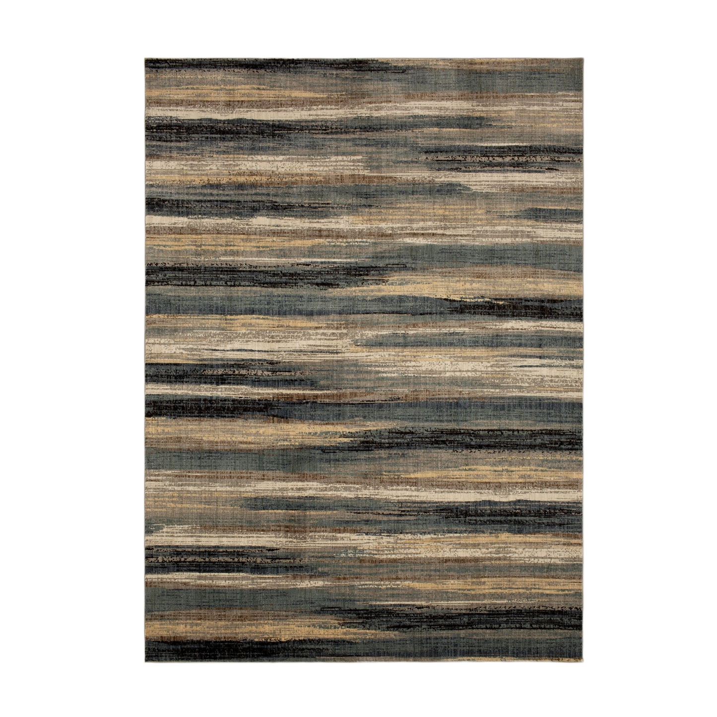 Modern area rug with horizontal abstract stripes in muted denim, beige, and gray tones for home improvement spaces