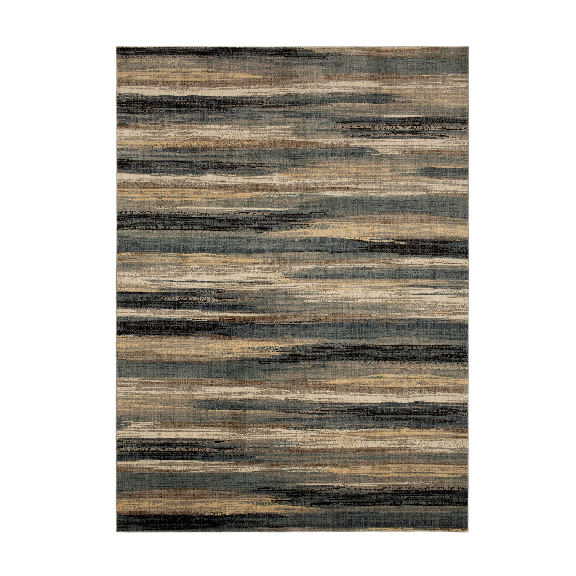 Modern area rug with horizontal abstract stripes in muted denim, beige, and gray tones for home improvement spaces