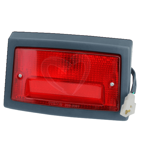Rectangular red tail lamp with black housing and connector wire, suitable for John Deere parts and accessories collections